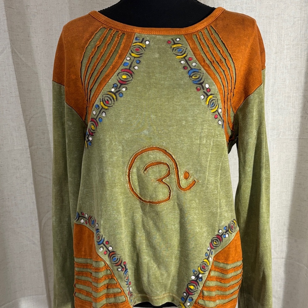 Bohemian Olive and Orange Hand Painted Women's Top
